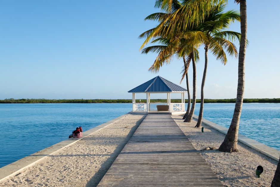 Idyllic tropical scene of a gazebo by the sea with palm trees and bright summer light.