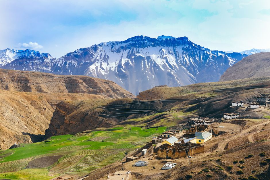 Scenic view of Langza village in Spiti Valley, India with mountain backdrop.