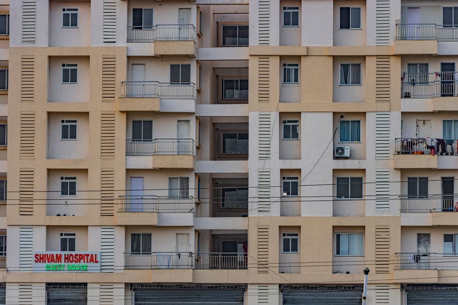 Front view of a multi-story residential building facade in Hazaribagh, India.