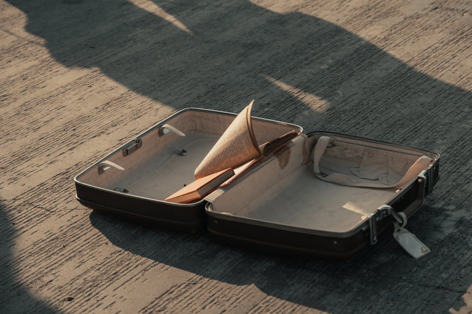 An open suitcase on a pavement with a book inside, casting shadows.