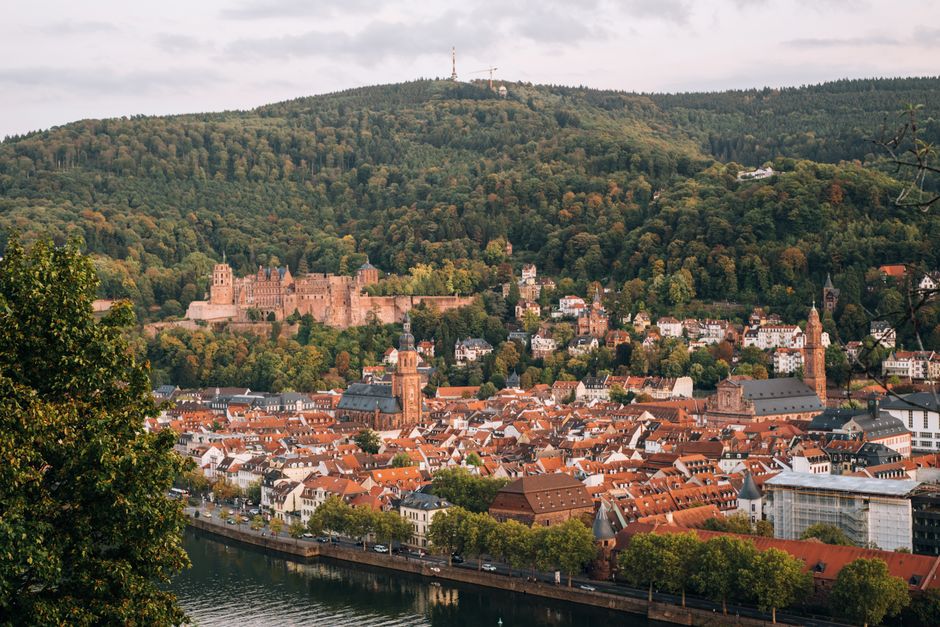 Picturesque scenery of town with classic buildings and green lush forest on mountain near rippling river water