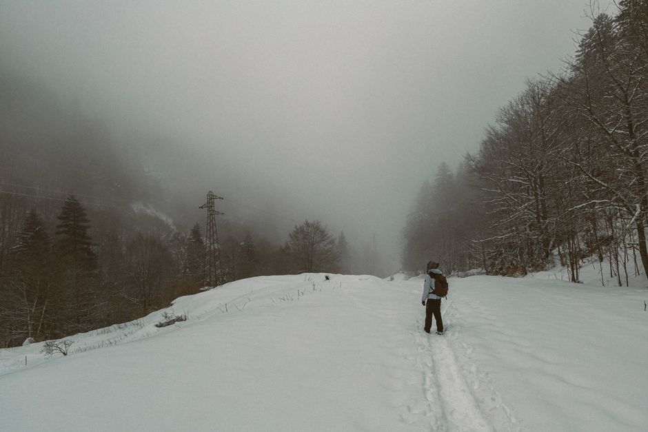 Hiker walks through a snowy and misty forest path, capturing the serene winter landscape.